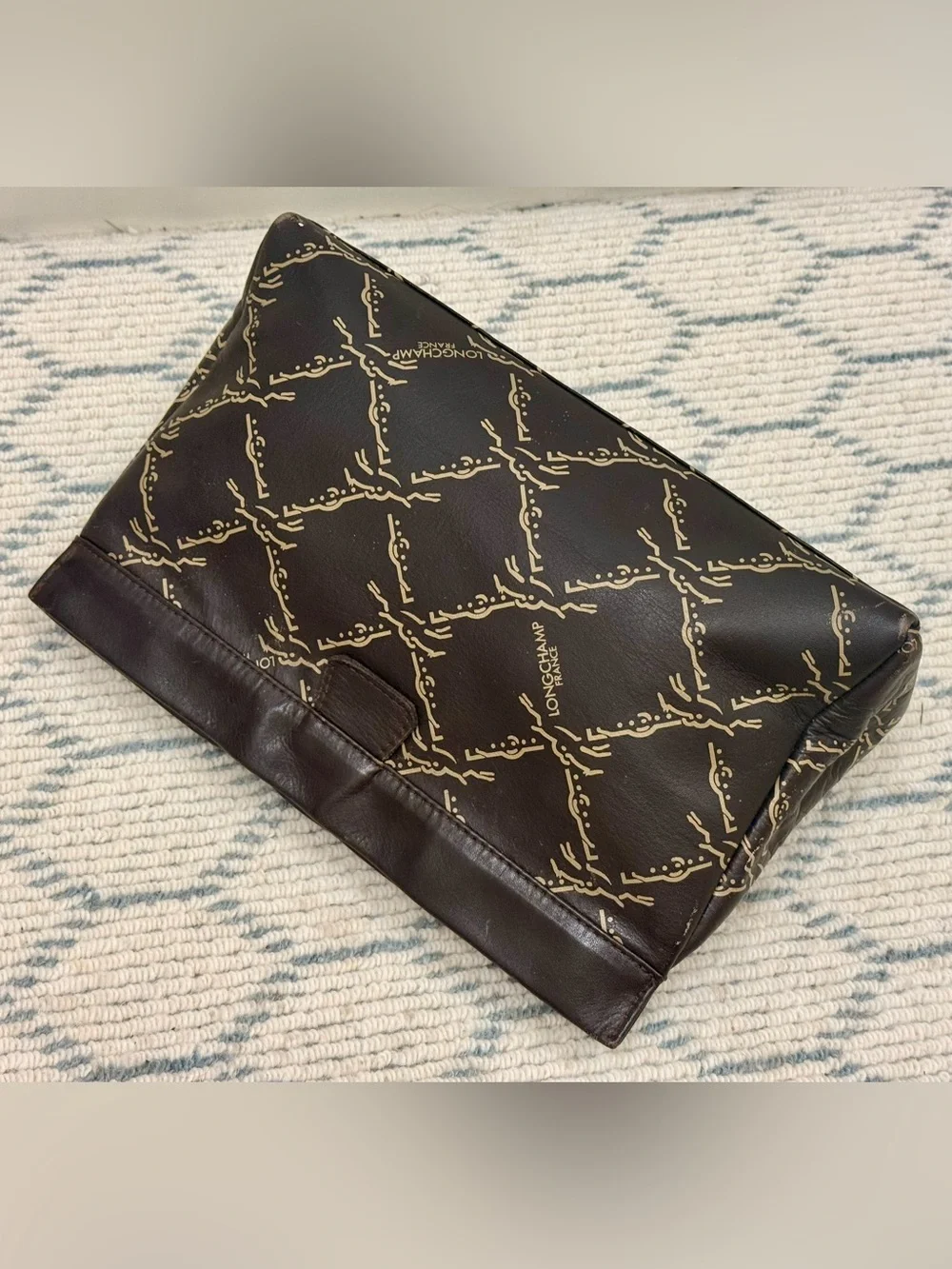 LONGCHAMP Vintage 80’s Unisex Brown Leather Monogram Pouch Clutch Made N France